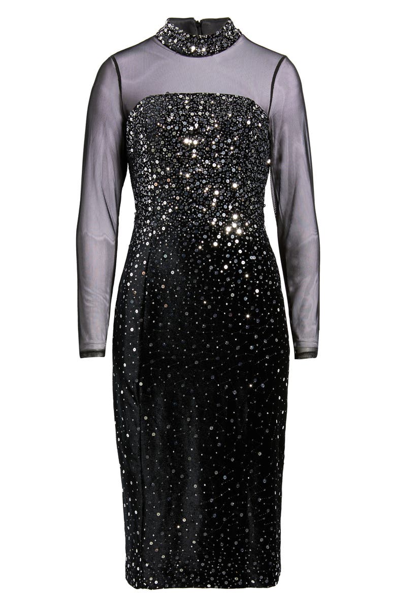 Eliza J Mixed Media Sequin Long Sleeve Cocktail Midi Dress, Alternate, color, Black Silver