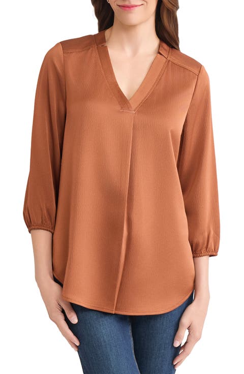 売れ筋商品|||ジョーンズニューヨーク カットソー トップス レディース Women's V-Neck Bell-Sleeve Blouse Petal Pink Nine West Women's Long Sleeve V-Neck Printed Blouse with