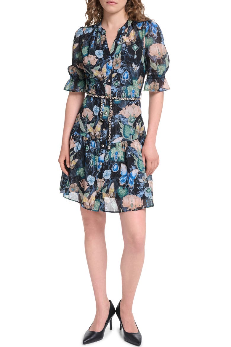 Metallic Crinkled Ruffled Dress, Main, color, BLACK MULTI