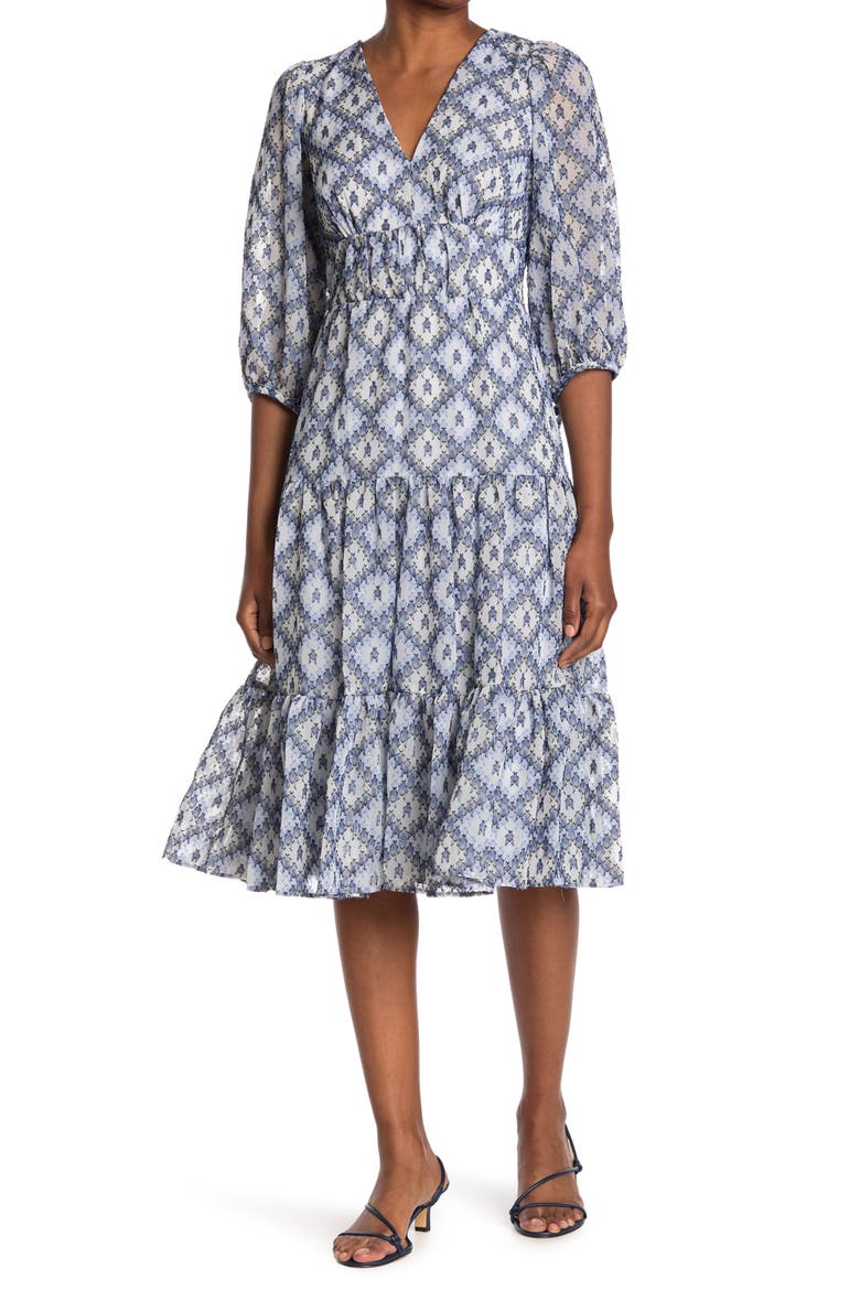 Geometric Print Ruffle Hem Midi Dress, Main, color, BLUE MULTI