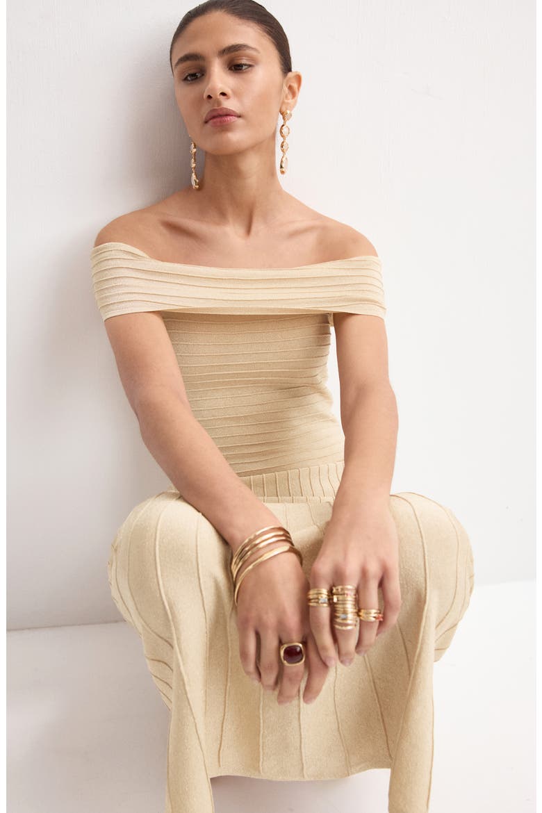 Off the Shoulder Flared Sweater Dress, Alternate, color, GOLD