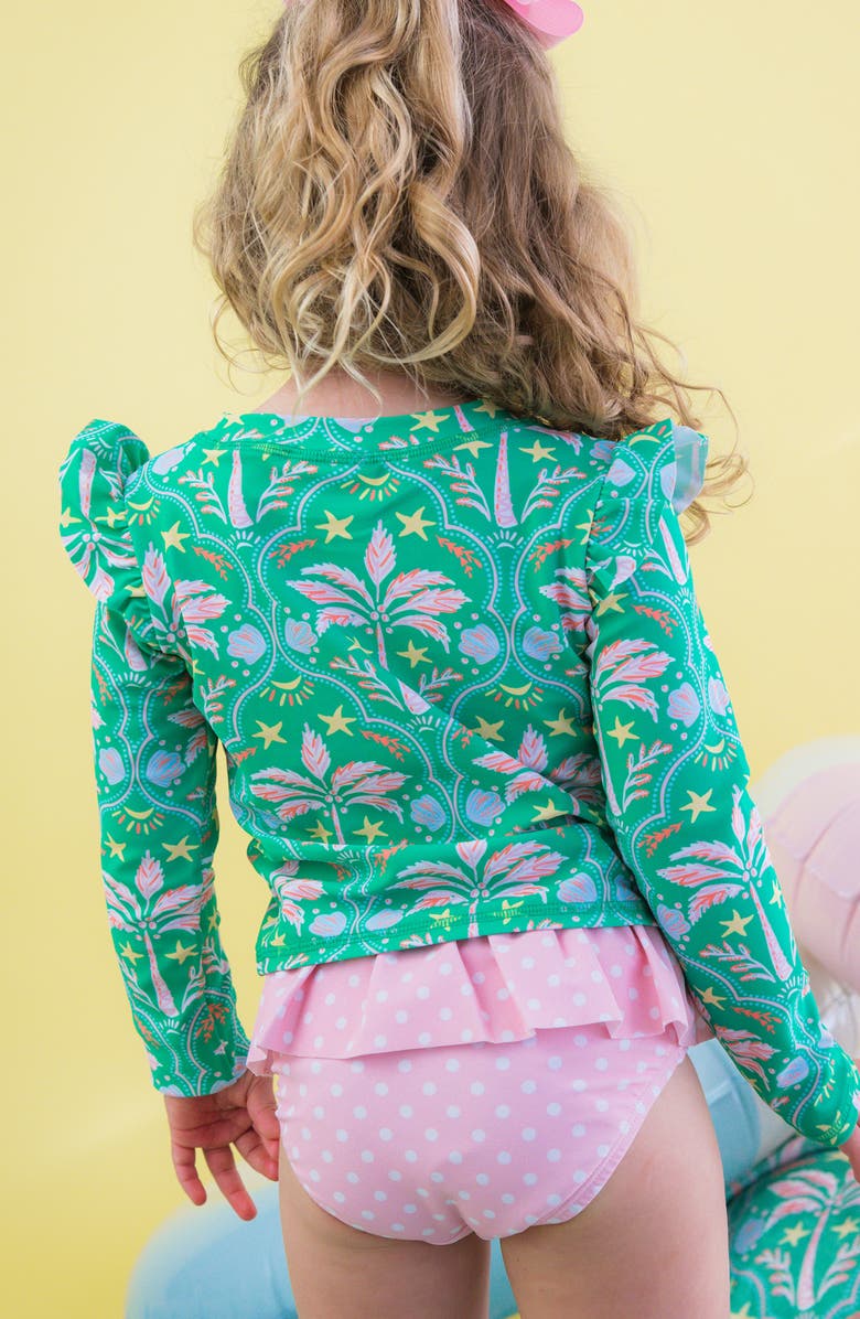 RuffleButts Kids' Coconut Cabana Ruffle Long Sleeve Two-Piece Rashguard Swimsuit, Alternate, color, Green