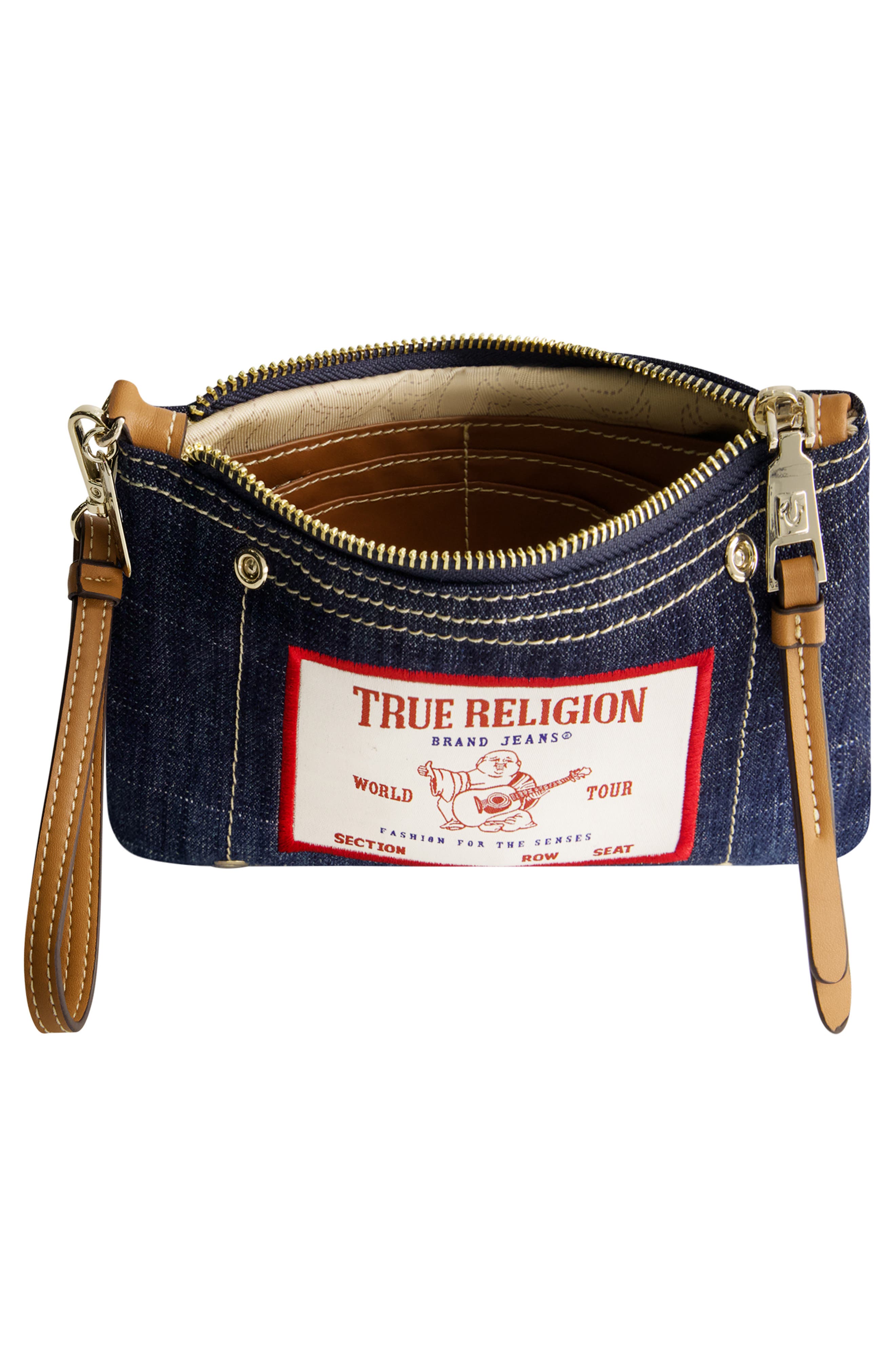 Buddha Patch Denim Wristlet, Alternate, color, DARK DENIM