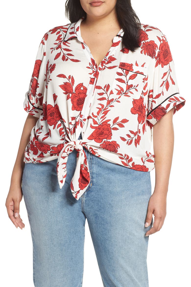 Tie Front Shirt, Main, color, RIGHT IN LINE HAUTE RED COMBO