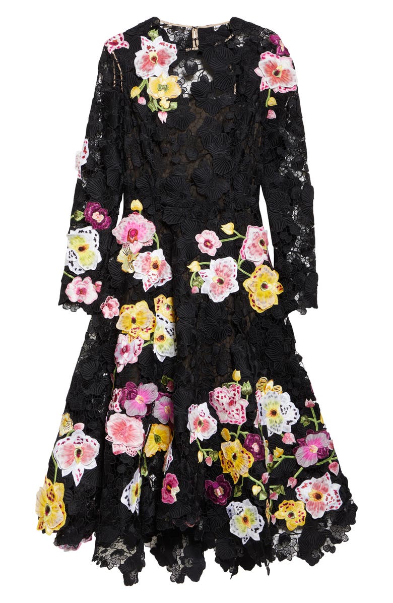Oscar de la Renta Orchid Threadwork Long Sleeve Floral Lace Fit & Flare Gown, Alternate, color, 