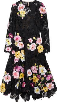 Oscar de la Renta Orchid Threadwork Long Sleeve Floral Lace Fit & Flare Gown