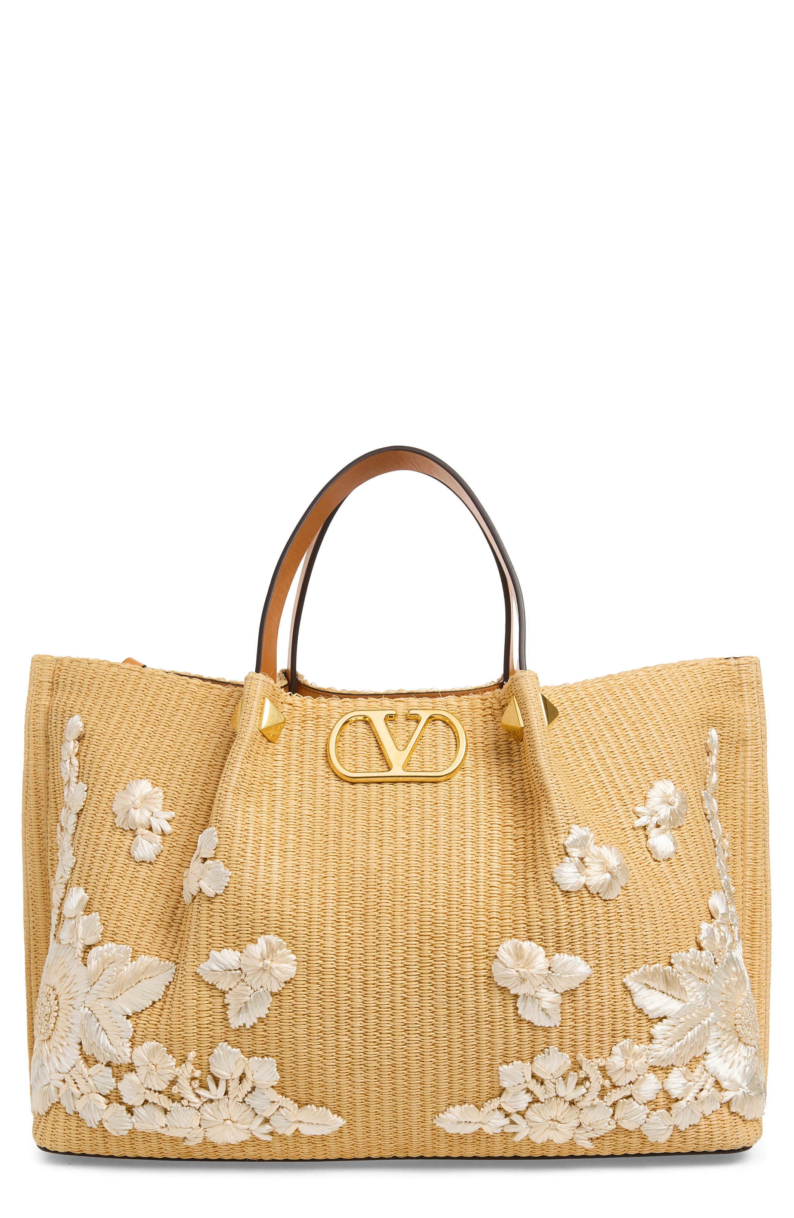 Valentino Garavani Medium VLOGO Signature Raffia Tote, Main, color, Natural
