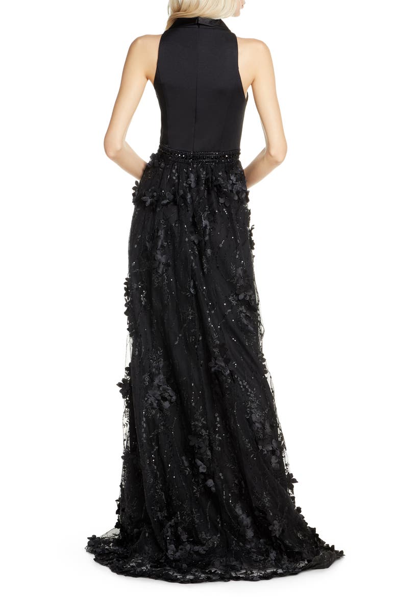 Tuxedo Lapel Floral Embellished Gown, Alternate, color, BLACK