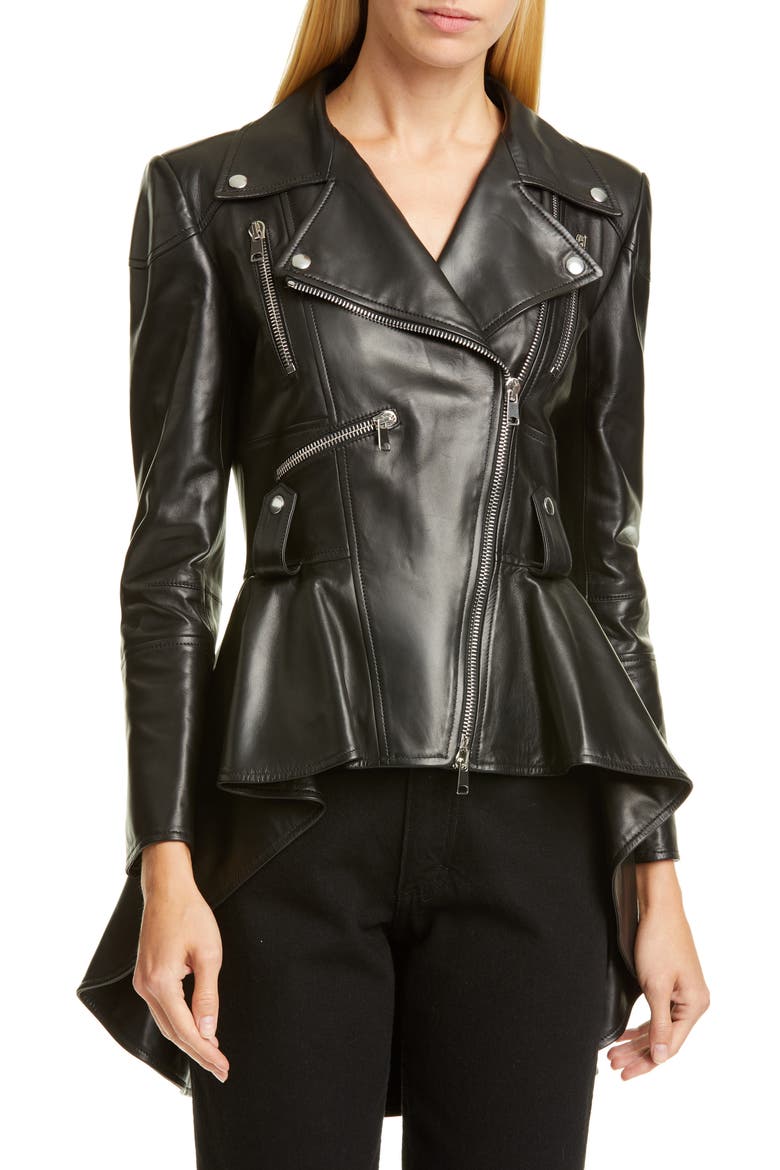 Alexander McQueen Peplum Leather Biker Jacket, Main, color, BLACK