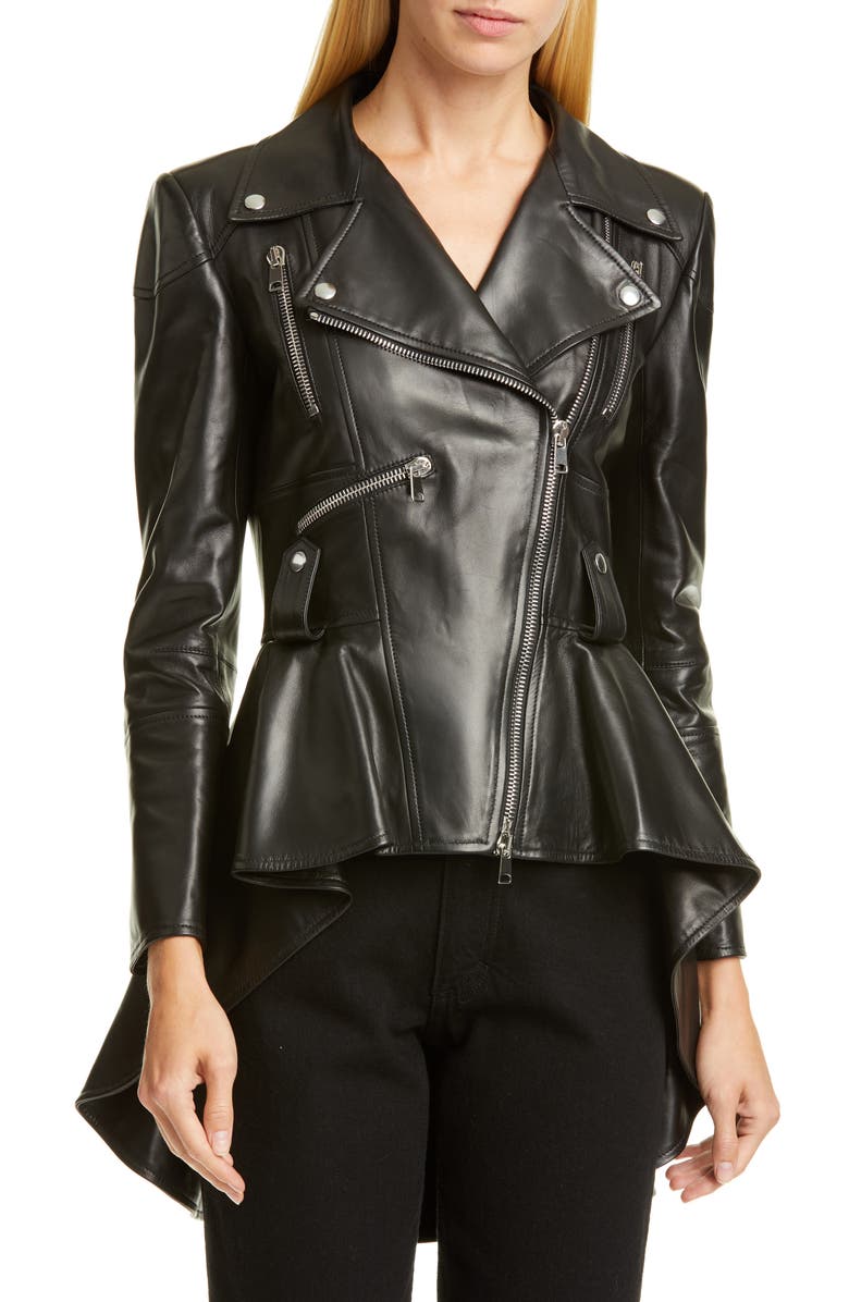 McQueen Alexander McQueen Peplum Leather Biker Jacket, Main, color, 