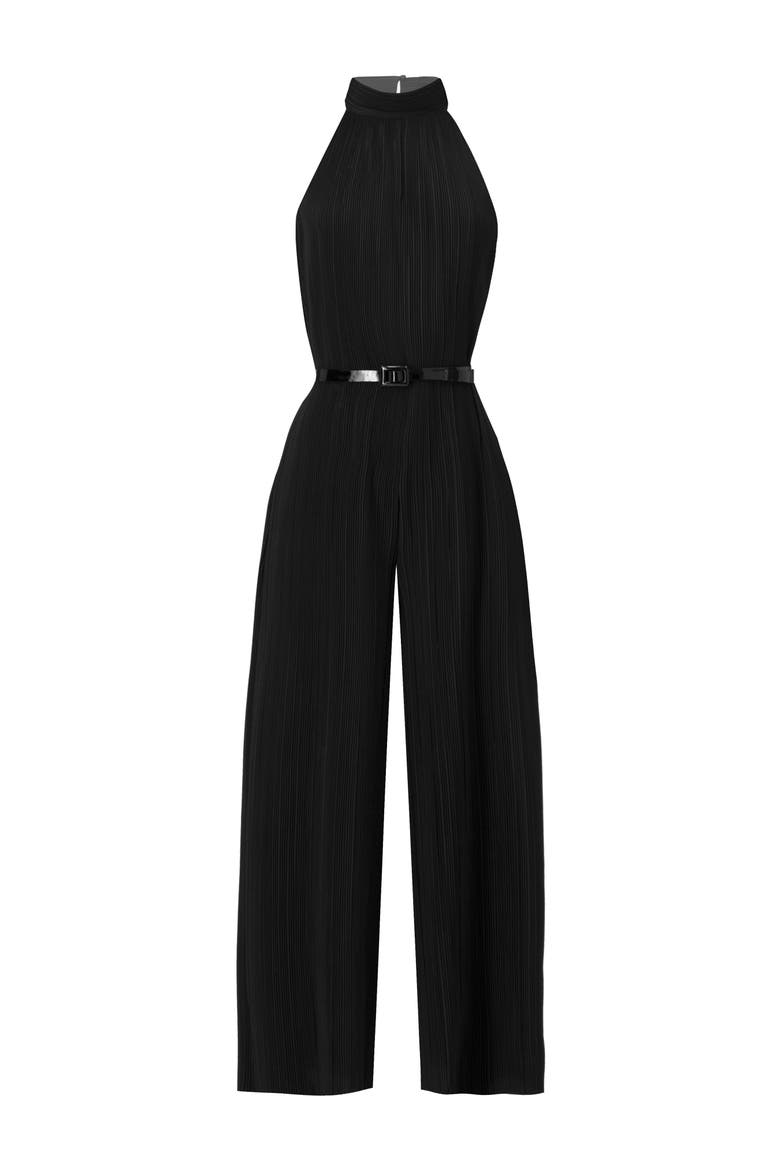 Pleated High-Neck Jumpsuit with Belt, Alternate, color, Black