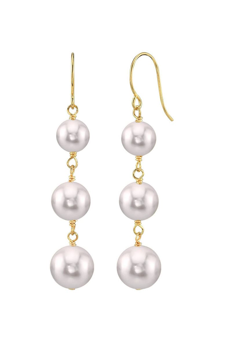 White Akoya Pearl Triple Drop Earrings, Main, color, Yellow Gold