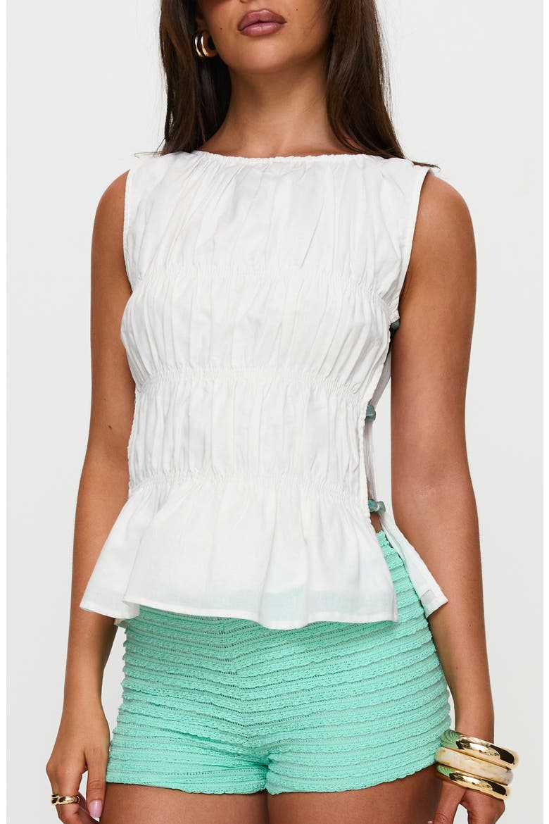 Read My Soul Bead Smocked Sleeveless Cotton & Linen Top, Main, color, WHITE