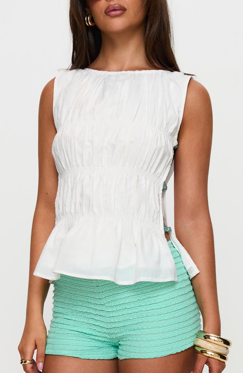 Princess Polly Read My Soul Bead Smocked Sleeveless Cotton & Linen Top, Main, color, White