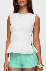 Princess Polly Read My Soul Bead Smocked Sleeveless Cotton & Linen Top