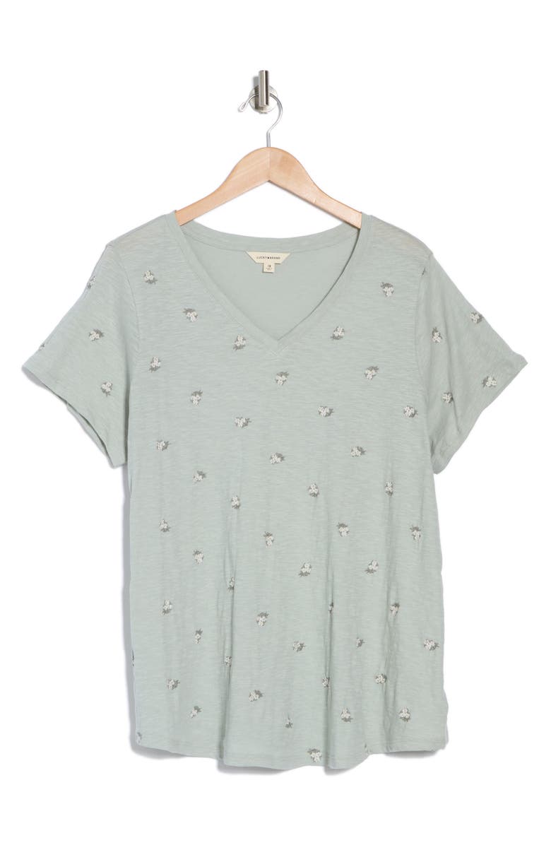 Lucky Brand V-Neck Bouquet Embroidered T-Shirt, Alternate, color, Aqua Gray