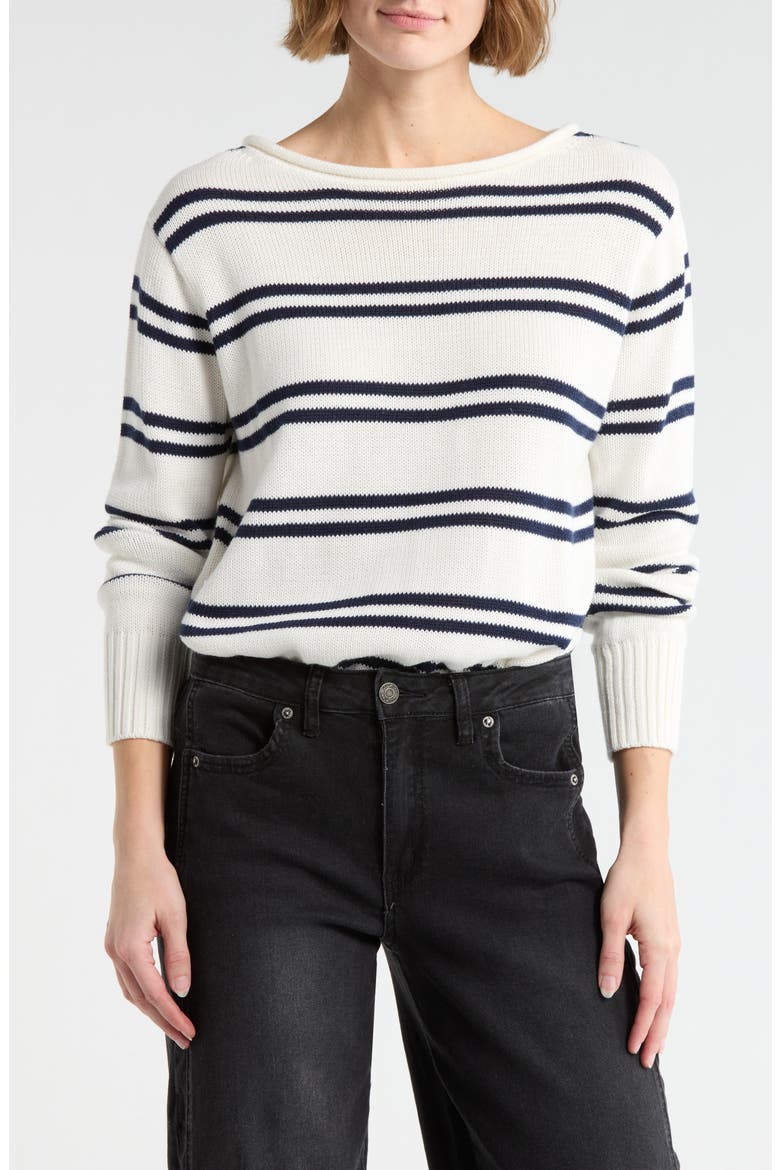 Stripe Boat Neck Crop Sweater, Main, color, CREME/NAVY
