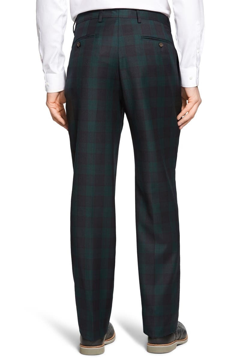 Berle Touch Finish Flat Front Classic Fit Plaid Wool Trousers, Alternate, color, Green