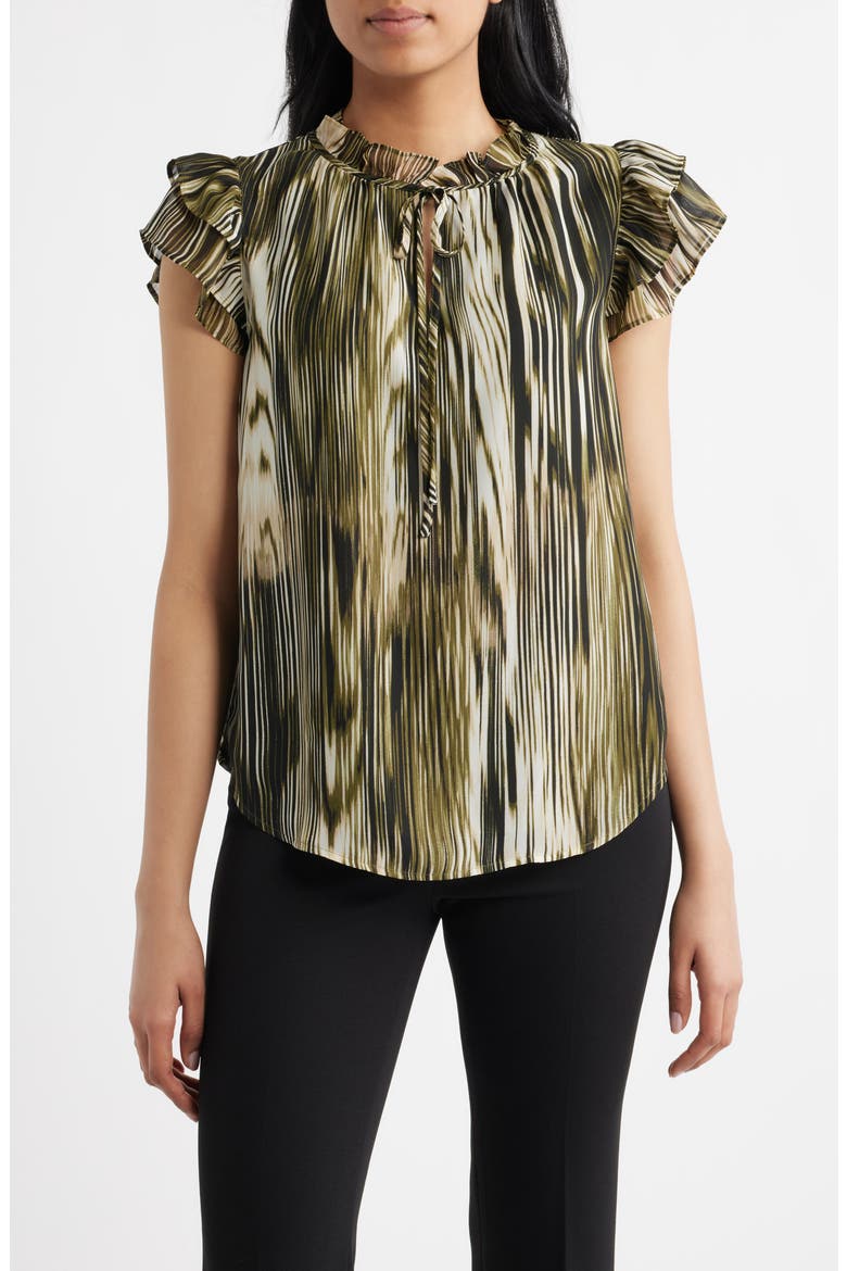 Ruffle Sleeve Tie Neck Top, Main, color, BAY LEAF MULTI