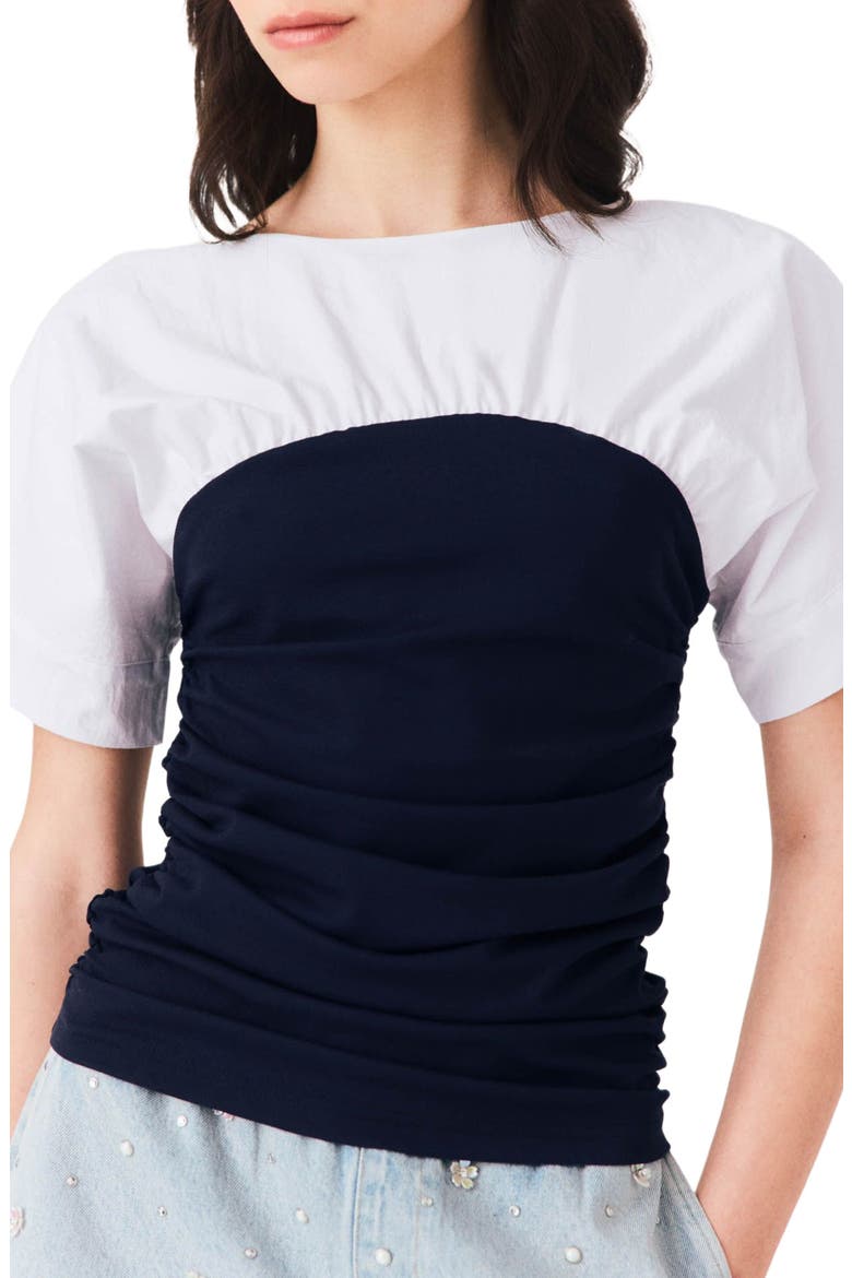 Pleated jersey top, Alternate, color, White/navy