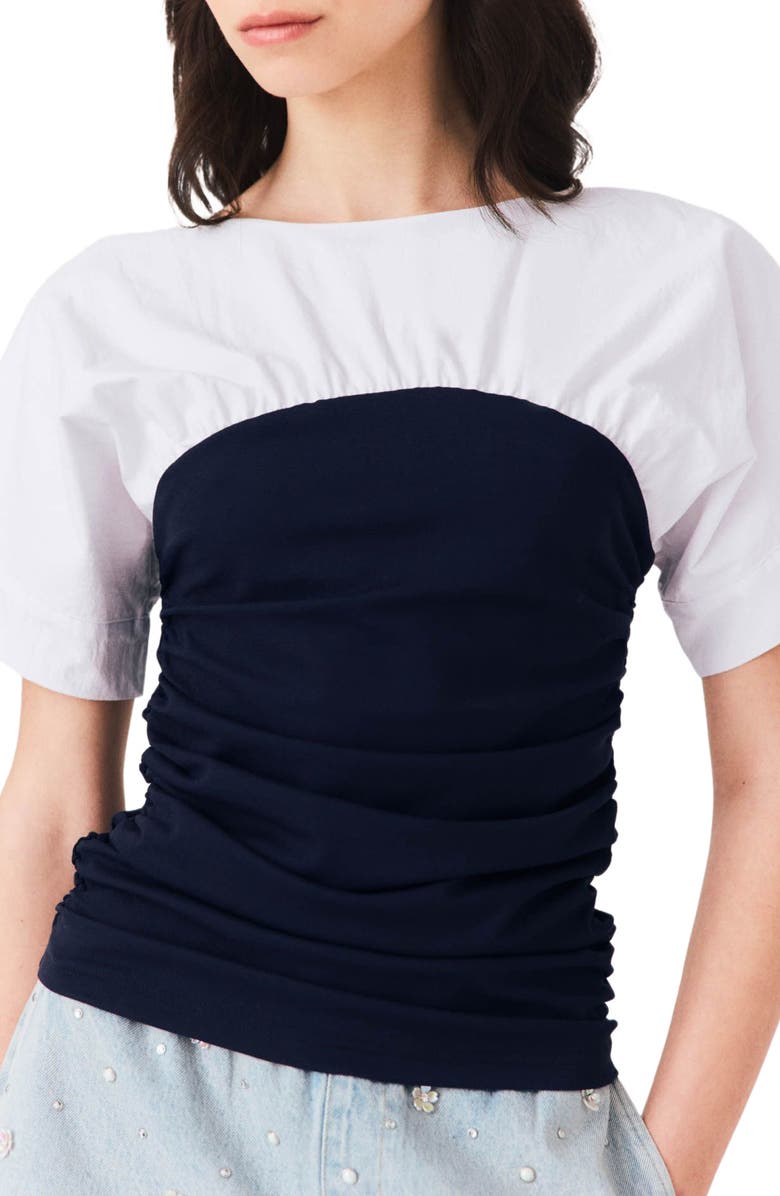maje Pleated jersey top, Alternate, color, White/Navy