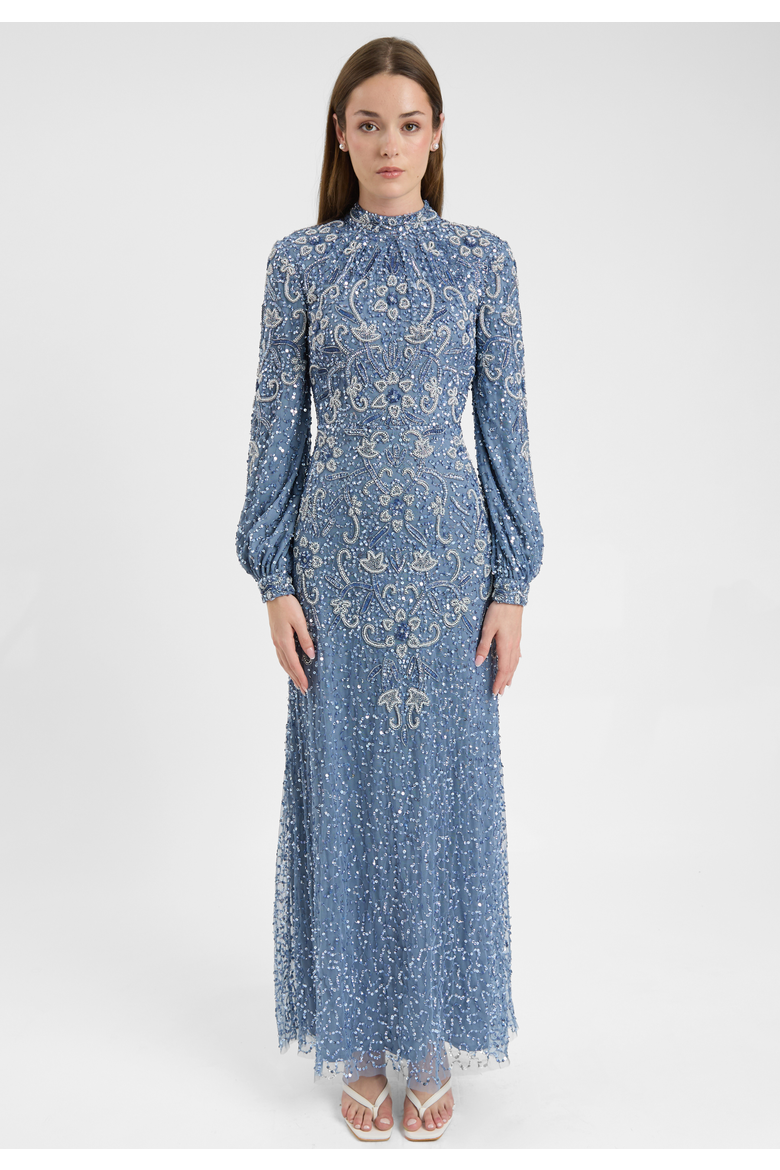 Modest Embellished Sequin Beaded Dress Maxi With Cuff Sleeves, Main, color, POWDER BLUE