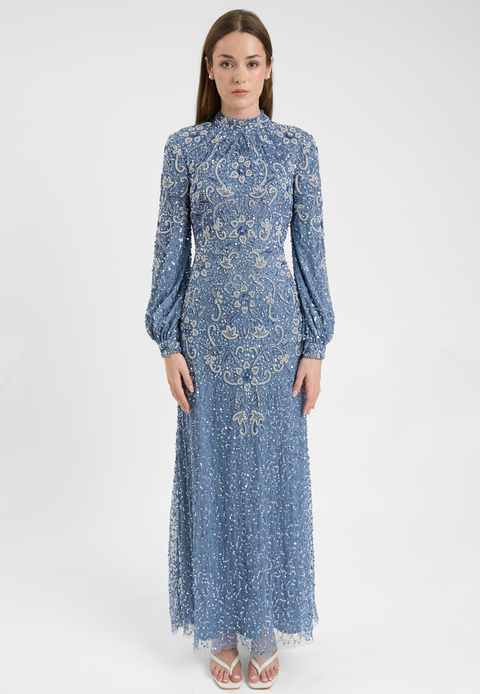 Modest Embellished Sequin Beaded Dress Maxi With Cuff Sleeves