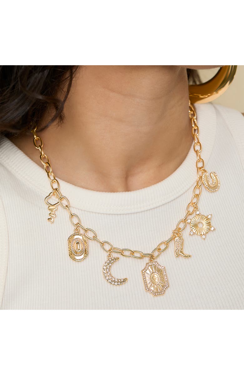 Jessica Simpson Starburst Charm Necklace, Alternate, color, Gold