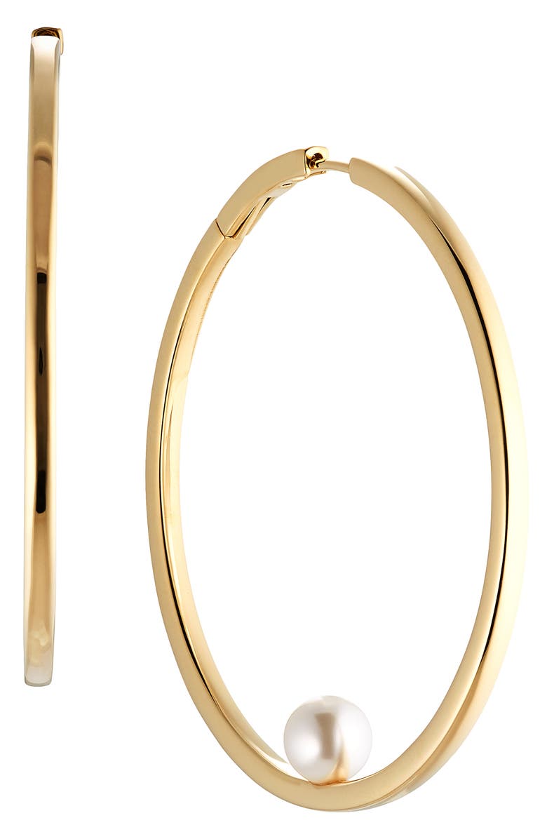 Nadri La Vie Imitation Pearl Hoop Earrings, Main, color,