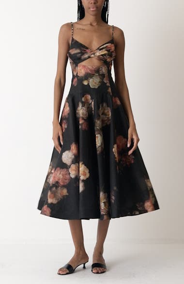 Zimmermann Hypnotic Floral Twist Front Cutout Organza Midi Dress | Nordstrom