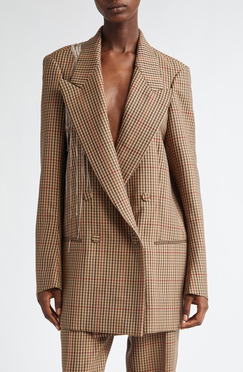 Dries Van Noten Blink Gingham Crystal Fringe Wool Blazer, Main, color, 