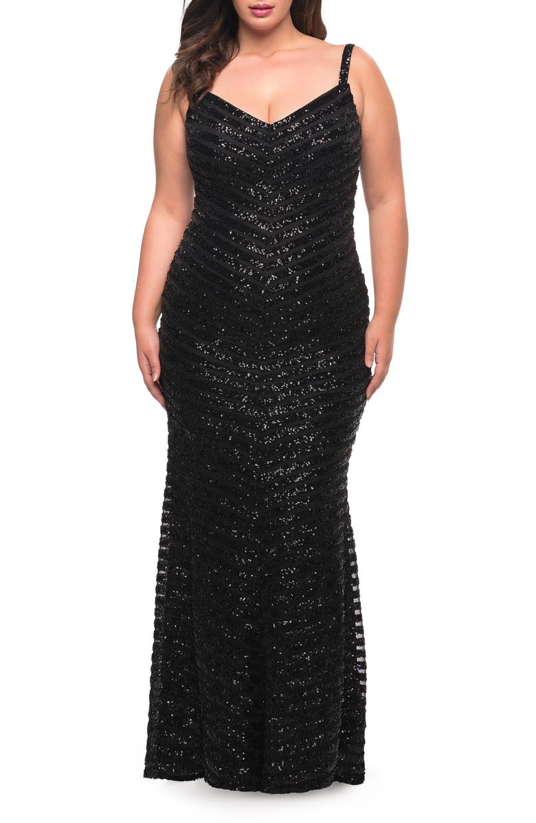 La Femme Sequin V-Neck Trumpet Gown, Main, color, 