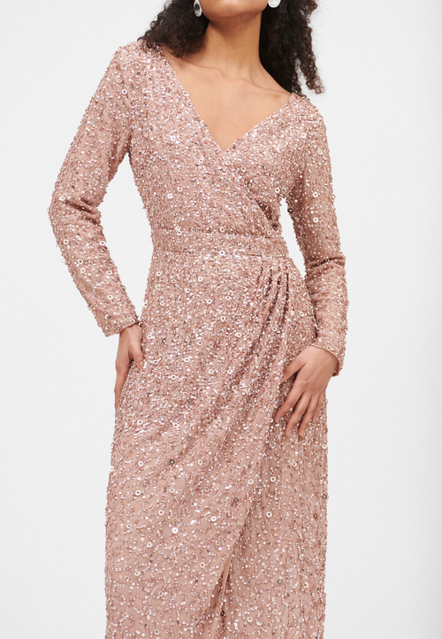 Beauut Embellished Sequin Beaded Maxi Wrap With Sleeves Dress In Taupe Blush