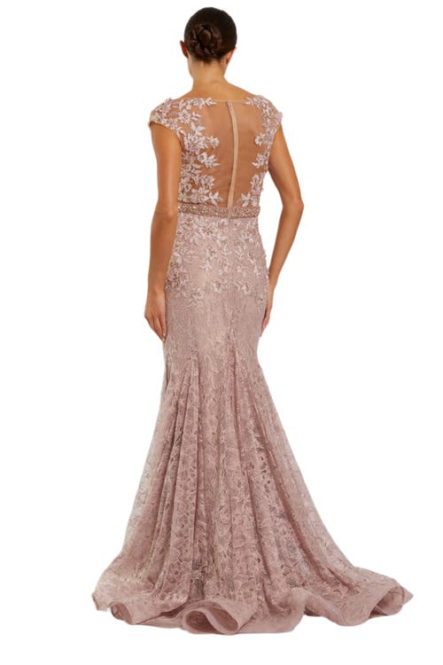 Mac Duggal Embroidered Illusion Appliqued Bodice Trumpet Gown In Mocha