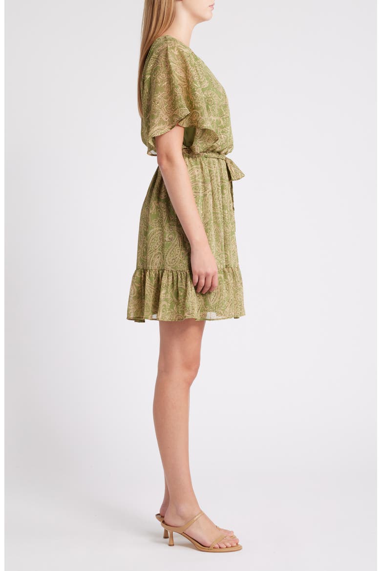Metallic Paisley V-Neck Chiffon Minidress, Alternate, color, EPSOM BEIGE