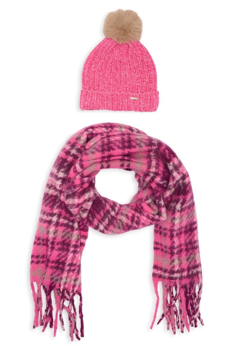 Chenille Ribbed Faux Fur Pompom Beanie & Scarf Set, Alternate, color, PINK MULTI