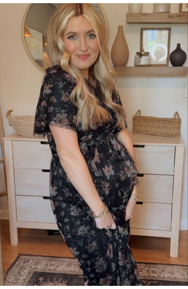 PinkBlush Floral Waist Tie Midi Dress, Alternate, color, Black