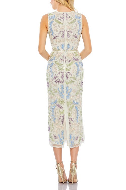 Mac Duggal Sleeveless Sequined High Neck Tea Length Dress In Ivory Multi