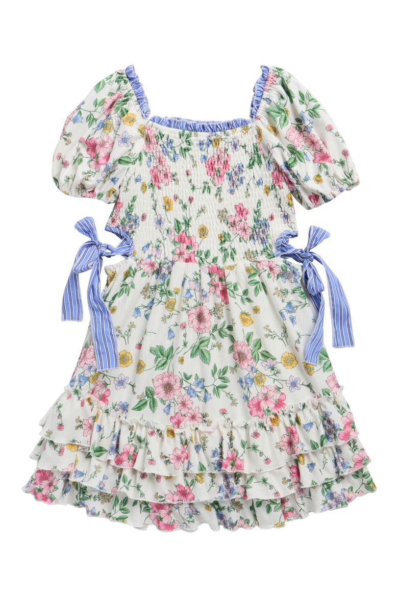 Kids' Floral Smocked Bodice Puff Sleeve Sundress, Main, color, IVORY MULTI