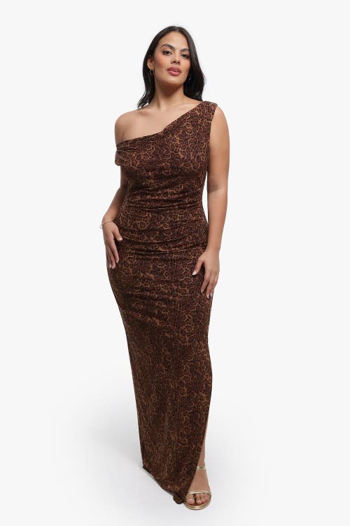 Popilush Shapewear Cowl Neck Leopard Ruched Sculpting Maxi Dress In Leopard Brown