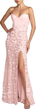Mac Duggal Floral Satin Strapless Sweetheart Gown With Slit