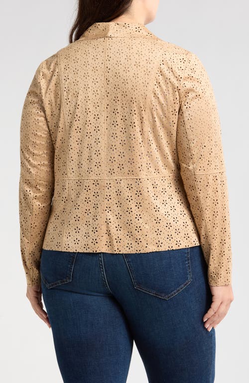 Bagatelle Perforated Floral Faux Suede Drape Jacket In Bleached Sand