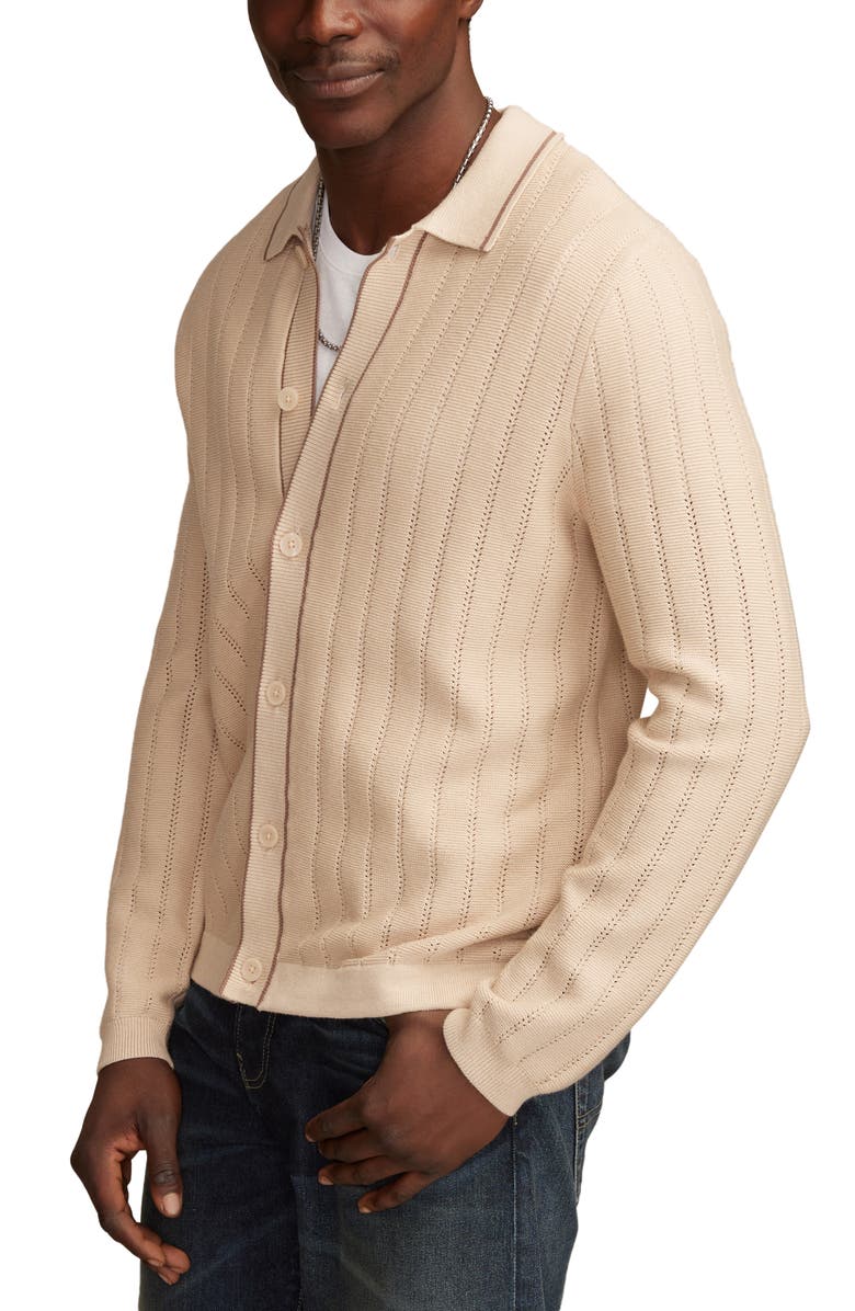 Lucky Brand Pointelle Stripe Cotton Blend Cardigan, Alternate, color, Oat Milk