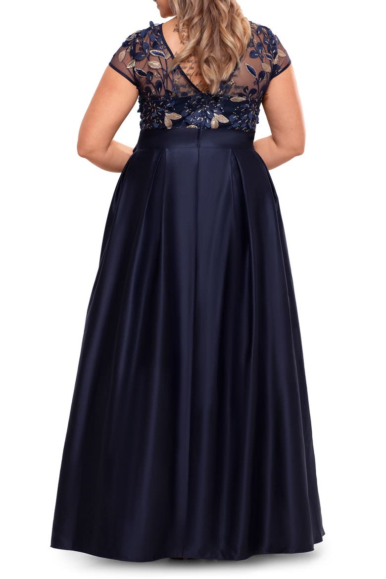 Xscape Metallic Floral Embroidery Cap Sleeve Ballgown, Alternate, color, NAVY/ GOLD