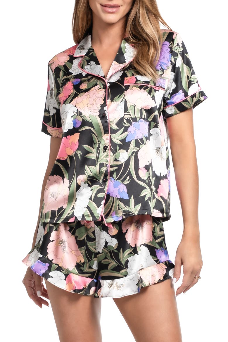 Harriet Ruffle Trim Short Pajamas, Main, color, BLACK