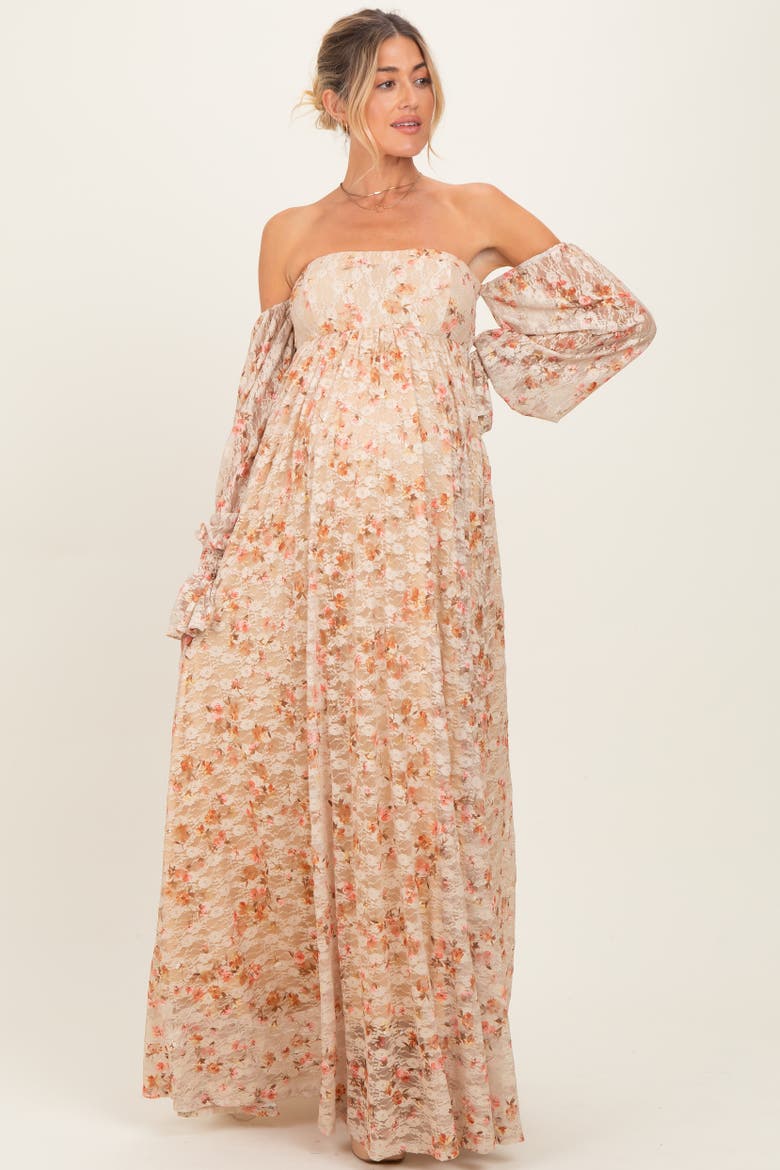 Color Floral Lace Smocked Long Sleeve Off Shoulder Maxi Dress, Alternate, color, Multi