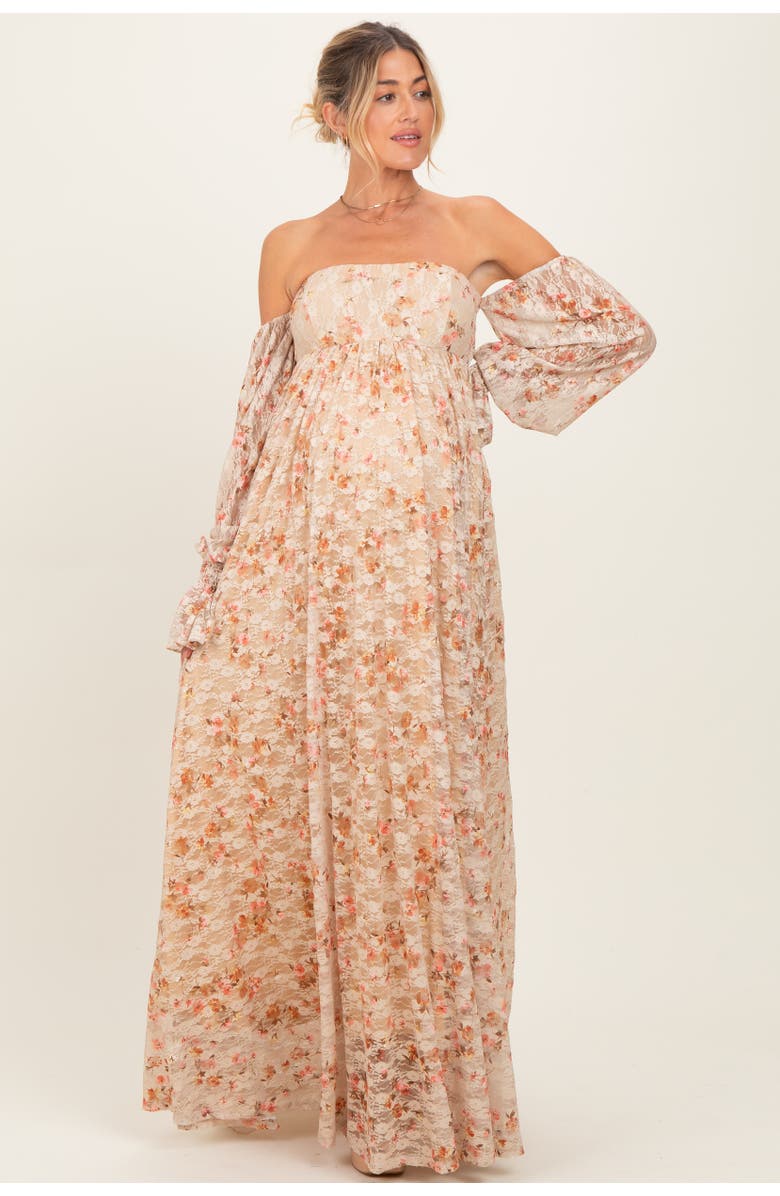 PinkBlush Color Floral Lace Smocked Long Sleeve Off Shoulder Maxi Dress, Alternate, color, Multi