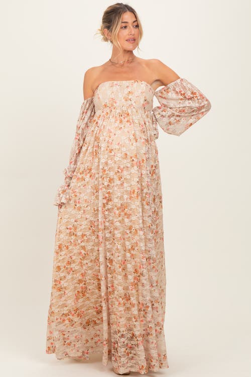 Pinkblush Color Floral Lace Smocked Long Sleeve Off Shoulder Maxi Dress In Multi