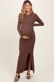 PinkBlush Ribbed Knit Long Sleeve Side Slit Maxi Dress