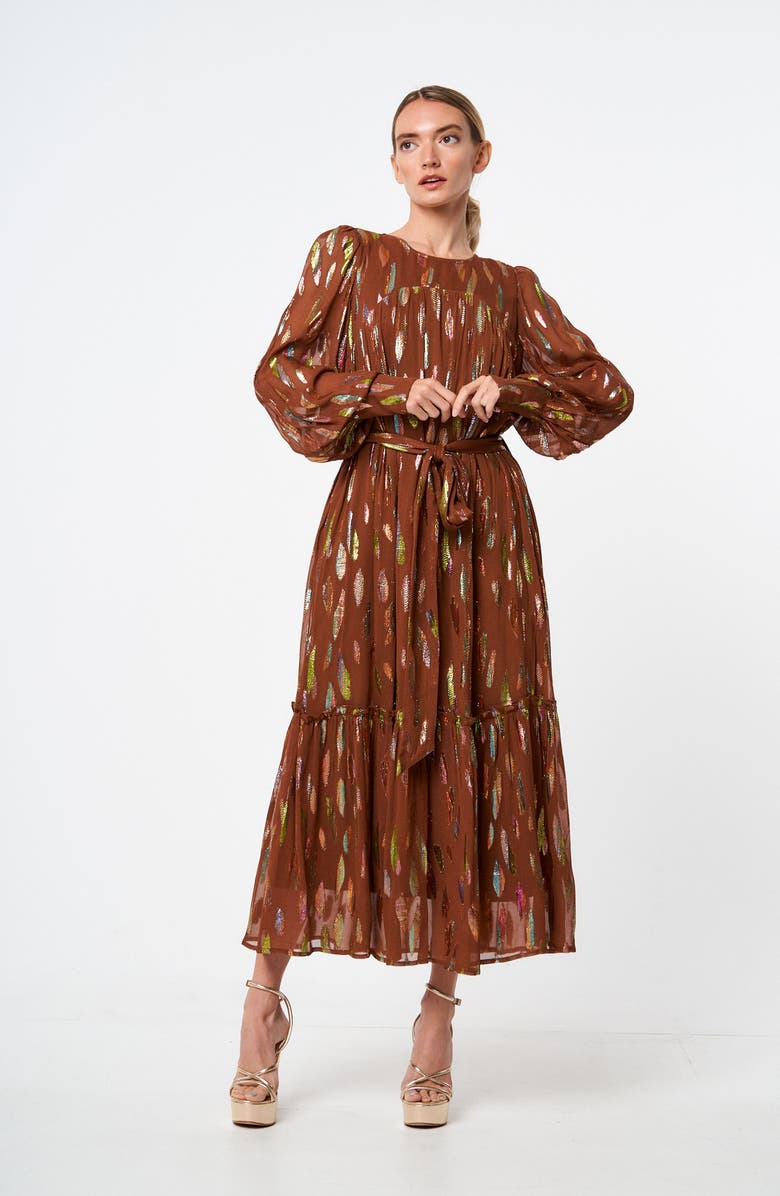 CIEBON Eryn Metallic Print Tie Waist Long Sleeve Maxi Dress, Alternate, color,